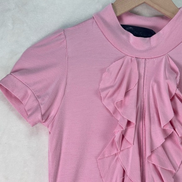 Y2K Scene Pink Barbiecore Ruffle Front Mock Neck Short Sleeve Blouse Size S Top - Picture 4 of 10
